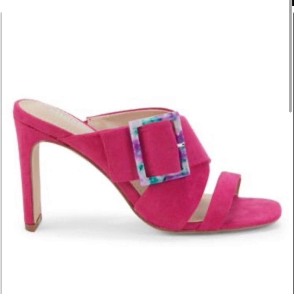 Charles David Pink Suede Crisscross Block Heel Sandals - Picture 2 of 5